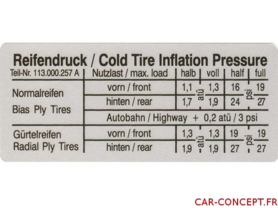 Étiquette autocollant pression des pneus Cox